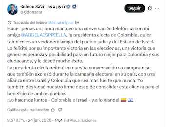 Gideon Sa’ar confirmó conversaciones telefónicas con De la Espriella para restablecer relaciones diplomáticas con Colombia - crédito @gidonsaar/X