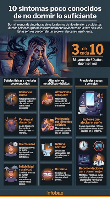 Infografía vertical que muestra a un hombre cansado en la cama, ilustrando diez síntomas de falta de sueño, sus causas y recomendaciones.