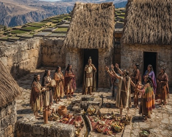 Ceremonia con personas en atuendos andinos en una ciudadela de piedra con techos de paja. Se ven ofrendas de comida y terrazas agrícolas en las montañas