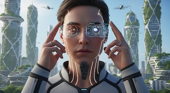 Primer plano de persona con líneas luminosas en el rostro, cuello y manos, interfaces holográficas en los ojos, y dispositivo en la garganta. Fondo de rascacielos verdes y drones.