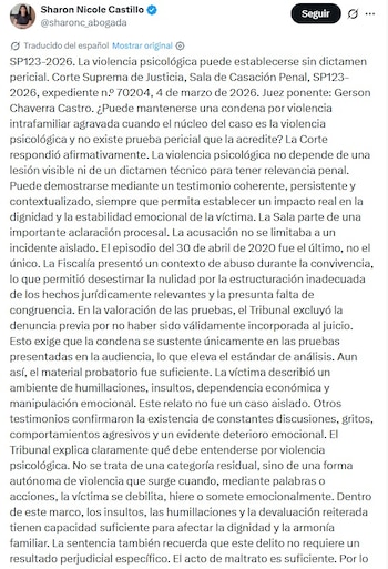 La discusión se centró en la exigencia de demostrar sistematicidad o contexto de dominación, cuestión sobre la cual algunos jueces señalaron la importancia de evitar cargas probatorias no previstas por la norma - crédito captura de pantalla @sharonc_abogada / X