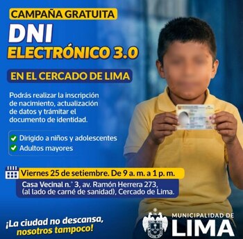 Los ciudadanos podrán realizar trámites vinculados con el DNI electrónico - Créditos. Municipalidad de Lima.
