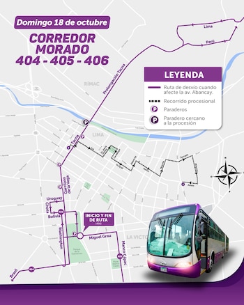 Infografía con un mapa de calles de Lima, líneas moradas de desvío vehicular, una ruta procesional trazada y la foto de un autobús morado
