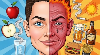 Caricatura de un rostro dividido: la mitad izquierda sana con manzana y agua; la derecha inflamada y envejecida con cigarrillo, cerveza, whisky, hamburguesa, papas fritas y sol.