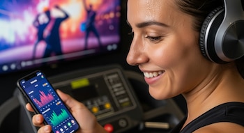 Mujer sonriente con auriculares usa una app de actividad en su teléfono mientras se ejercita en una caminadora