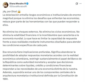 Diana Morales, ministra de Comercio, Industria y Turismo, dijo que la dolarización no elimina los choques externos - crédito @DianaMoralesR1/X