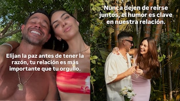 Dos fotografías. Izquierda: Yaco Eskenazi y Natalie Vértiz sonriendo abrazados. Derecha: la pareja brinda con copas, hay un ramo de flores y texto