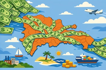 Mapa de República Dominicana, billetes de dólar, avión, barco mercante, velero, isla con palmeras, monedas, edificios y nubes.