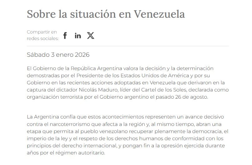 El comunicado de Cancillería Argentina sobre la situación en Venezuela