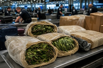 Paquetes de plástico con hojas verdes sobre una mesa metálica con agentes de aduanas al fondo.