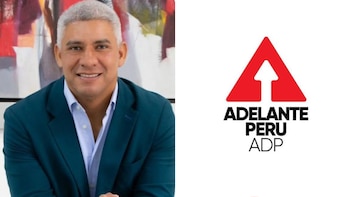 Retrato de Julio Adolfo Tovar Uribe junto al logotipo del partido Adelante Perú ADP, un triángulo rojo con una flecha blanca