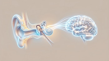 Ilustración digital estilizada de un oído medio y un cerebro, conectados por líneas de luz que simbolizan la transmisión de información.