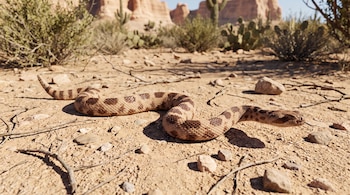 Serpiente de patrón marrón con lengua extendida sobre suelo arenoso y rocas. Al fondo se ven cactus, arbustos y formaciones rocosas.