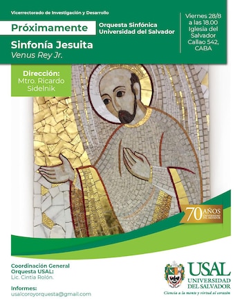 Póster vertical verde y blanco con el título 'Sinfonía Jesuita', un mosaico de una figura religiosa de medio cuerpo con halo, y textos informativos del evento