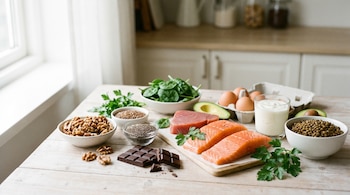 En una mesa de madera, salmón, atún, nueces, semillas de lino y chía, chocolate negro, espinacas, huevos, yogur, lentejas, perejil y aguacate se presentan con luz natural.