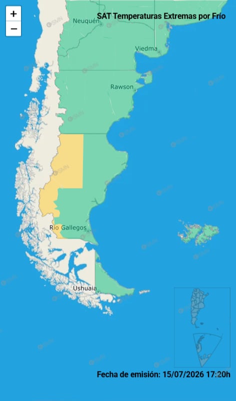Un mapa del Servicio Meteorológico Nacional argentino indica una alerta SAT por temperaturas extremas de frío en Santa Cruz