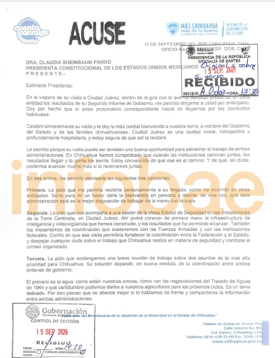 Un documento oficial del Gobierno de Chihuahua presenta peticiones en materia de seguridad y agua dirigidas a la presidenta de México, Claudia Sheinbaum. (Gobierno de Chihuahua )