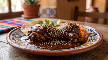 Piezas de ave con salsa de mole y ajonjolí, acompañadas de arroz y tortillas en un plato de cerámica artesanal sobre una mesa de madera.