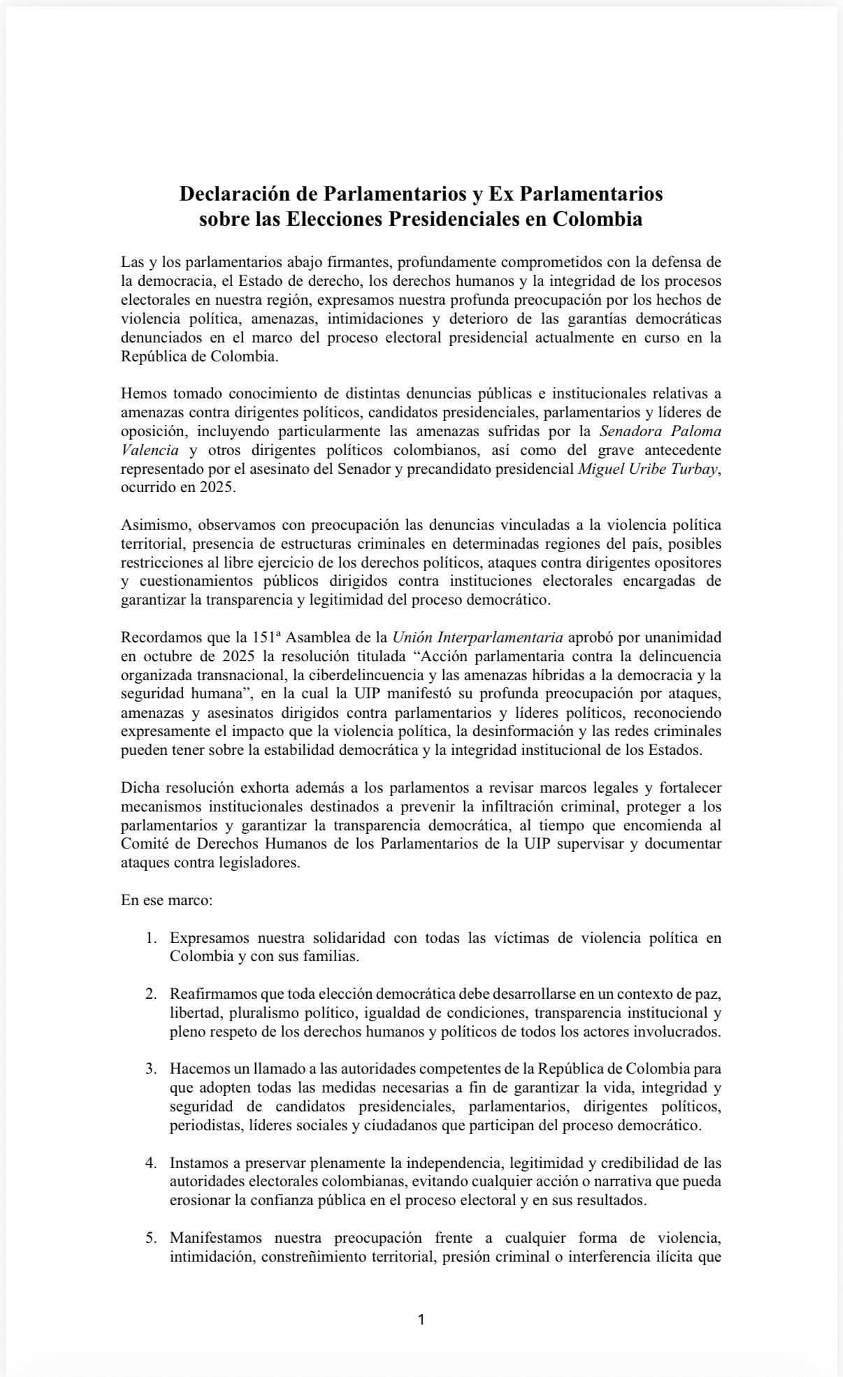 En ocho puntos, la carta incluyó llamados y recomendaciones. Los firmantes expresaron solidaridad con las víctimas de la violencia política y sus familias en Colombia - crédito @CeDemocratico/X