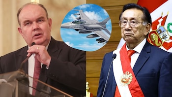 Rafael López Aliaga a la izquierda y José María Balcázar a la derecha. Un avión caza F-16 gris con misiles, en un círculo central sobre cielo azul