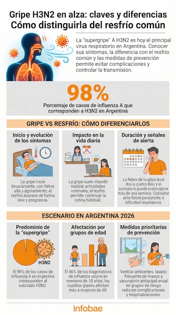 Infografía detallada compara visualmente la gripe H3N2 y el resfrío común, incluyendo ilustraciones de síntomas, estadísticas de prevalencia en Argentina y medidas preventivas.