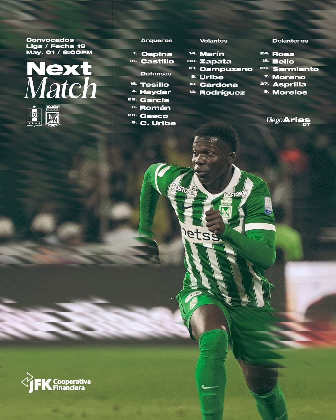 Los jugadores convocados por Diego Arias para el último partido de la fase del todos contra todos ante Once Caldas-crédito Jefatura de Prensa Atlético Nacional