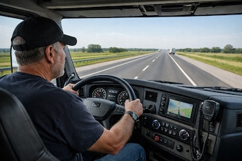 Hombre de barba y gorra conduciendo un camión por una autopista. Panel de control, volante, pantalla de navegación y carretera visible a través del parabrisas.