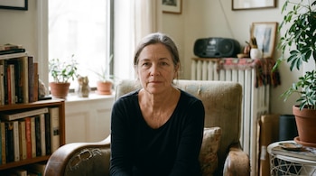 Retrato de una mujer de mediana edad, con cabello gris y camisa negra, sentada en un sillón envejecido dentro de una habitación con ventana, estantería y plantas.