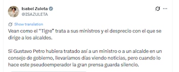 Isabel Zuleta criticó el llamado de atención de Abelardo de la Espriella a alcalde que estaba hablando por celular - crédito @ISAZULETA/X