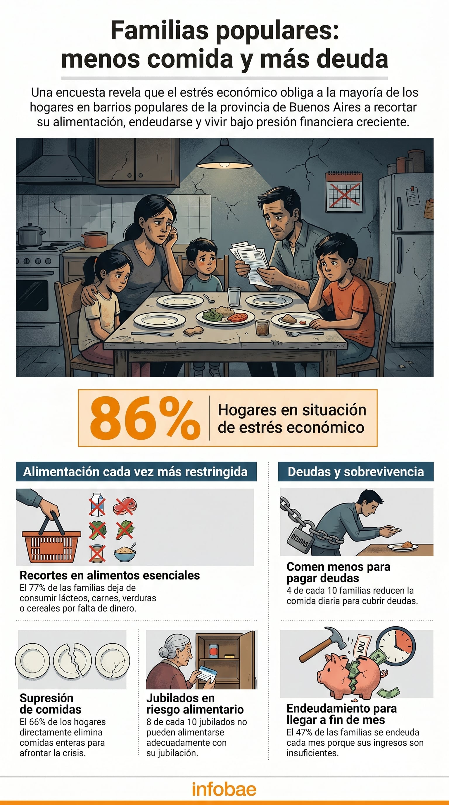 Una encuesta de Libres del Sur revela que el 86% de los hogares en barrios populares de la provincia de Buenos Aires sufren estrés económico, llevando a que el 40% coma menos para saldar deudas. (Imagen Ilustrativa Infobae)