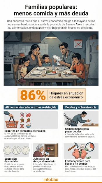 Infografía muestra una familia preocupada en una mesa vacía, rodeada de gráficos y estadísticas sobre recortes alimentarios, deuda, y estrés económico en Argentina.