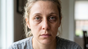 Primer plano de una mujer rubia con ojos verdes y marcadas ojeras bajo los ojos, con el cabello recogido y vestida con una camiseta gris.