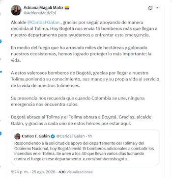 La gobernadora de Tolima, Adriana Magali Matiz, agradeció a Bogotá por el envío de bomberos para atender los incendios forestales - crédito @AdrianaMatizTol/X