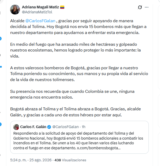 La gobernadora de Tolima, Adriana Magali Matiz, agradeció a Bogotá por el envío de bomberos para atender los incendios forestales - crédito @AdrianaMatizTol/X