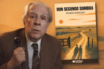 Primer plano de Jorge Luis Borges con traje y corbata, sosteniendo un bastón, junto a la portada del libro "Don Segundo Sombra" que muestra un paisaje campestre.