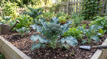 Planta de brócoli en una jardinera de madera con mantillo, rodeada de lechugas, una regadera metálica y una pala de mano.