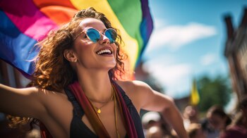 Desfile del Orgullo LGBTQ, calles llenas de colores vibrantes y empoderamiento. Trajes festivos, colores arcoíris, alegría, diversidad y comunidad LGBTQ. Amor y aceptación. Bandera arcoíris. Gay pride. (Imagen ilustrativa Infobae)