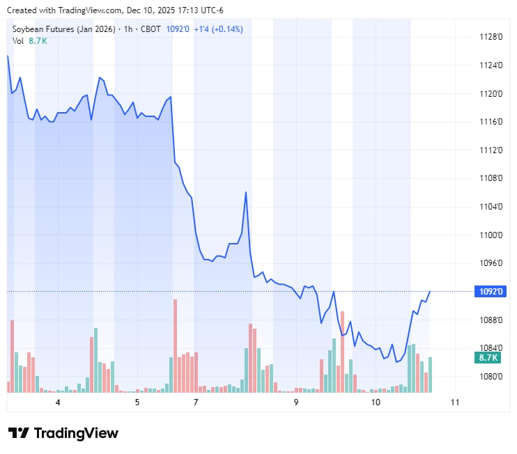La evolución de los precios de la soja en Chicago exime de mayores comentarios. El encantamiento tras el encuentro entre Trump y Xi Jinping se ha desdibujado(CME)