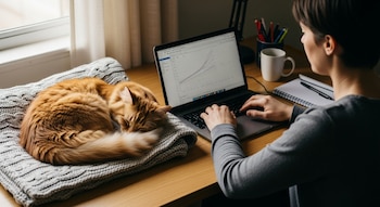 Una persona teclea en un computador portátil. Un gato anaranjado duerme sobre una manta gris junto al computador. En el escritorio hay una taza, un cuaderno y útiles.