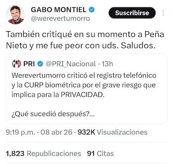 Captura de pantalla de la red social X (anteriormente Twitter) mostrando un tuit de Gabo Montiel respondiendo a una publicación del PRI sobre privacidad