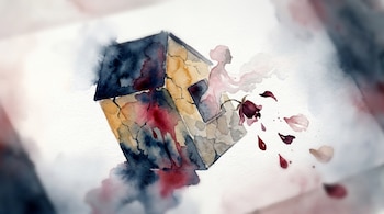 Ilustración acuarelada de una casa simple y agrietada en tonos azul oscuro, ocre y rojo. Una silueta femenina diluida escapa de una ventana, con pétalos y gotas rojas cayendo.