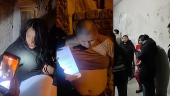 Tres escenas: mujer con documentos y teléfono, hombre leyendo papeles con abdomen expuesto, mujer esposada y otras personas en un operativo policial