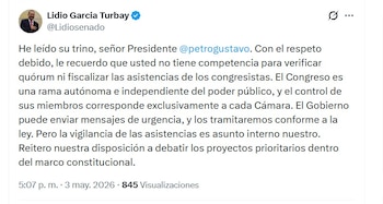 El presidente del Senado, Lidio García, no dejó pasar por alto el reciente mensaje del presidente Petro y reafirmó que la verificación del quórum es asunto exclusivo del Legislativo - crédito @Lidiosenado/X