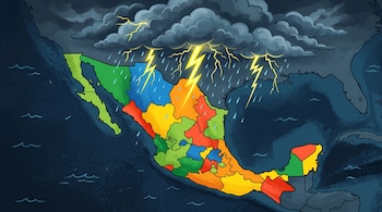 Mapa de México dibujado en diversos colores debajo de nubes de tormenta grises que emiten rayos amarillos y gotas de lluvia.