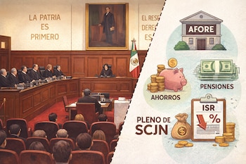 Salón con jueces del Pleno de la SCJN, bandera de México, público y texto "LA PATRIA ES PRIMERO"; ilustraciones de AFORE, ahorros, pensiones e ISR.