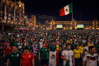 Multitud en una plaza de noche, una bandera de México, edificios iluminados, pantallas con partido de fútbol, autobús de dos pisos.