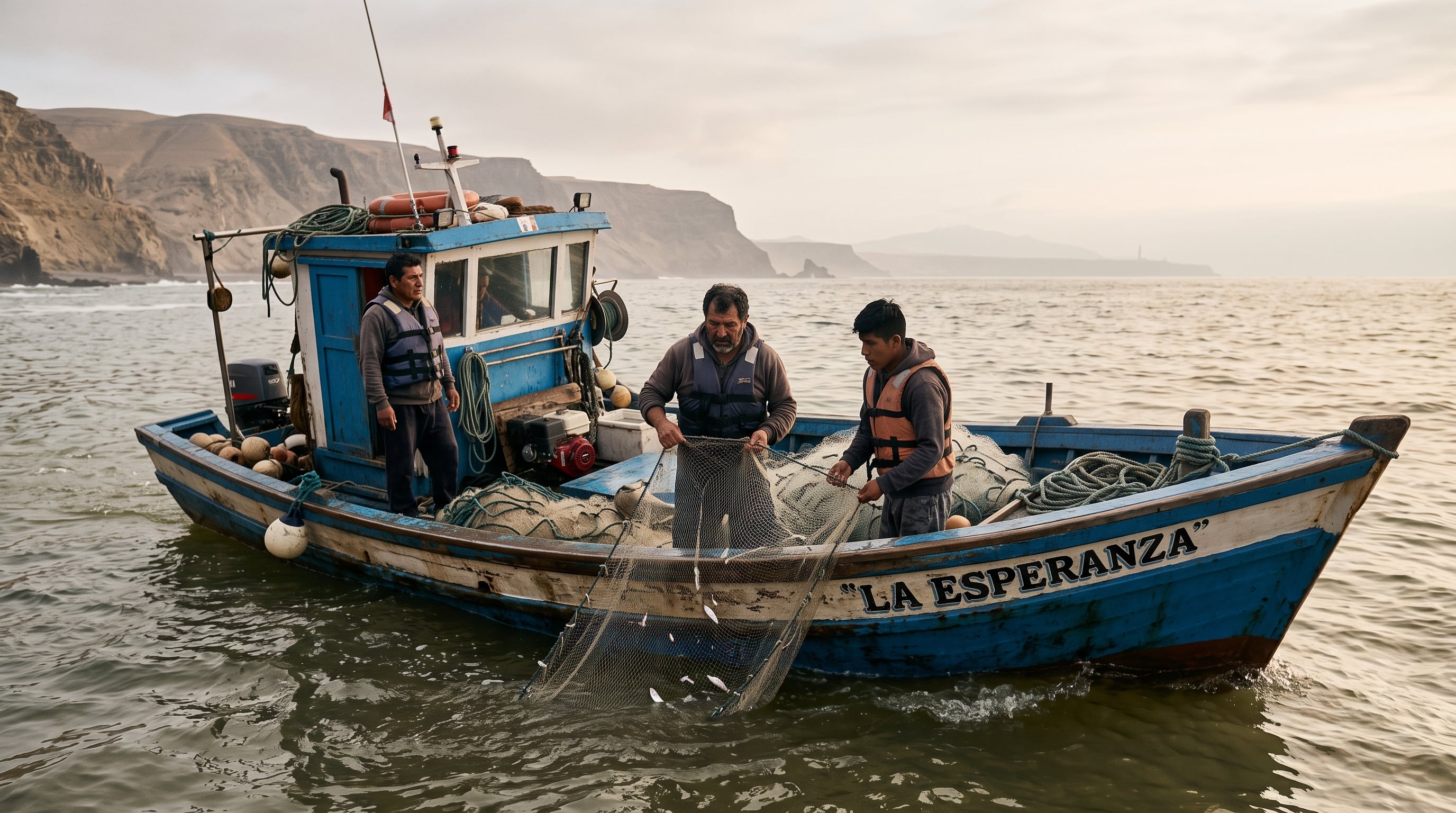 Tres pescadores artesanales recogen una red de pesca a bordo de una embarcación en la costa del Perú ante los efectos del fenómeno El Niño en los recursos marinos. (Imagen Ilustrativa Infobae)