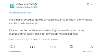 La Línea 1 del Cablebús empezó con el desembarque de pasajeros por tormenta eléctrica (X/ @MICablebusCDMX)