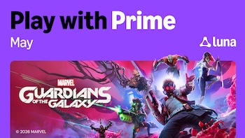 Banner morado con texto 'Play with Prime May' y el logo de Luna. Ilustración de Marvel's Guardians of the Galaxy con Star-Lord, Gamora, Drax, Rocket y Groot