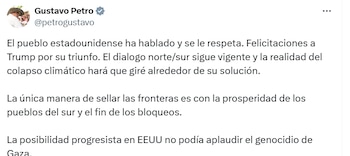 En su cuenta de X, el presidente habló de respetar la voluntad del pueblo estadounidense - crédito @petrogustavo/X